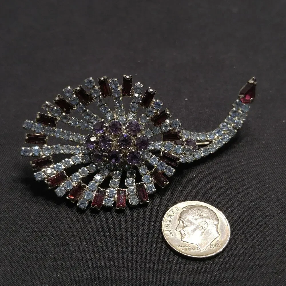 Vintage Hobe Rhinestone Brooch Purple Blue Rhodium Signed